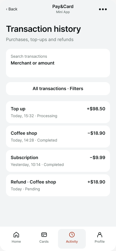 Pay and Card transaction history screen with sample activity