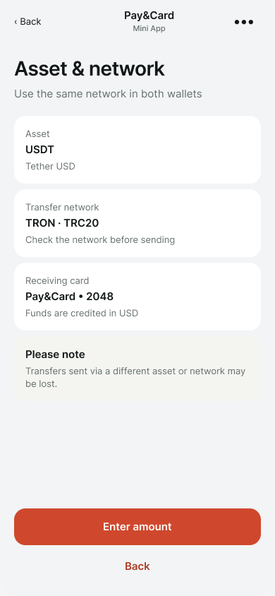 Pay and Card funding screen showing a sample asset and network selection